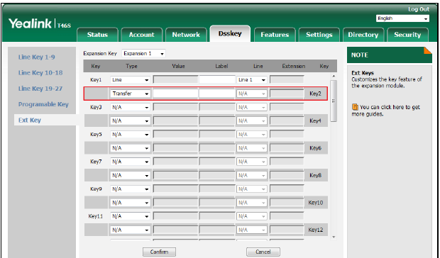 Configurações de transferência na interface web