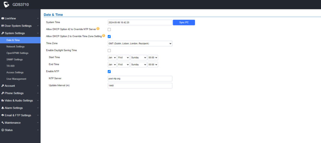 Configurações de Hora e Data no GDS3710