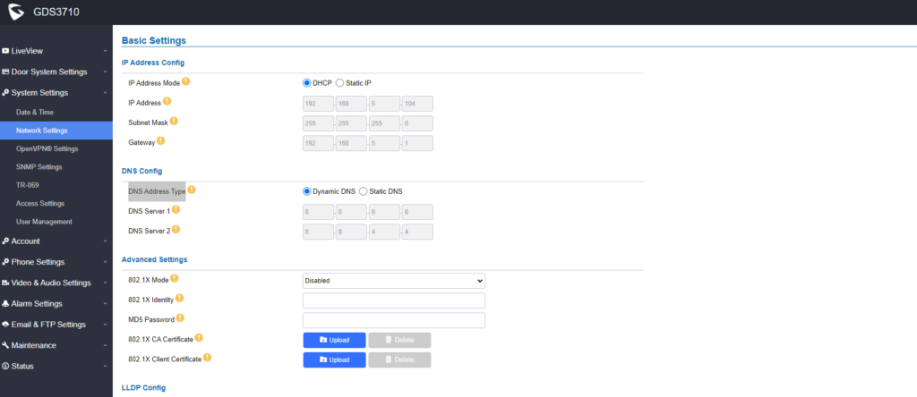 Configurações de Rede do GDS3710