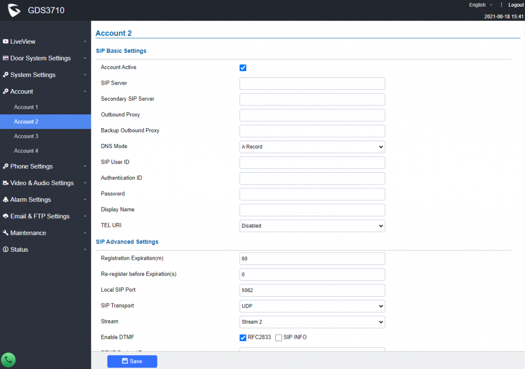 Configurações de Registro de Conta SIP na Web