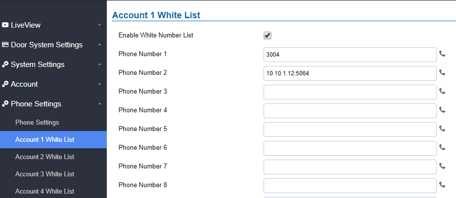 Página de configuração da Lista Branca (White List) no GDS3710