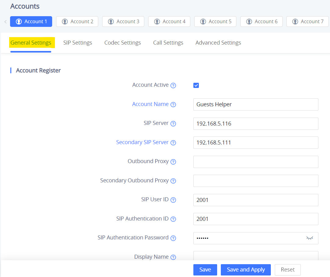 Configuração de conta SIP na interface web