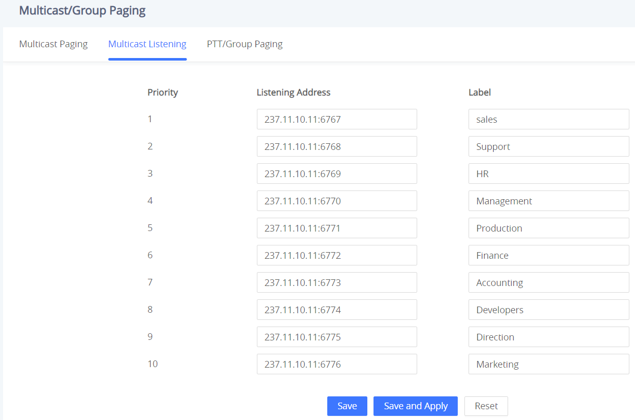 Configuração de endereços de escuta para Paging Multicast