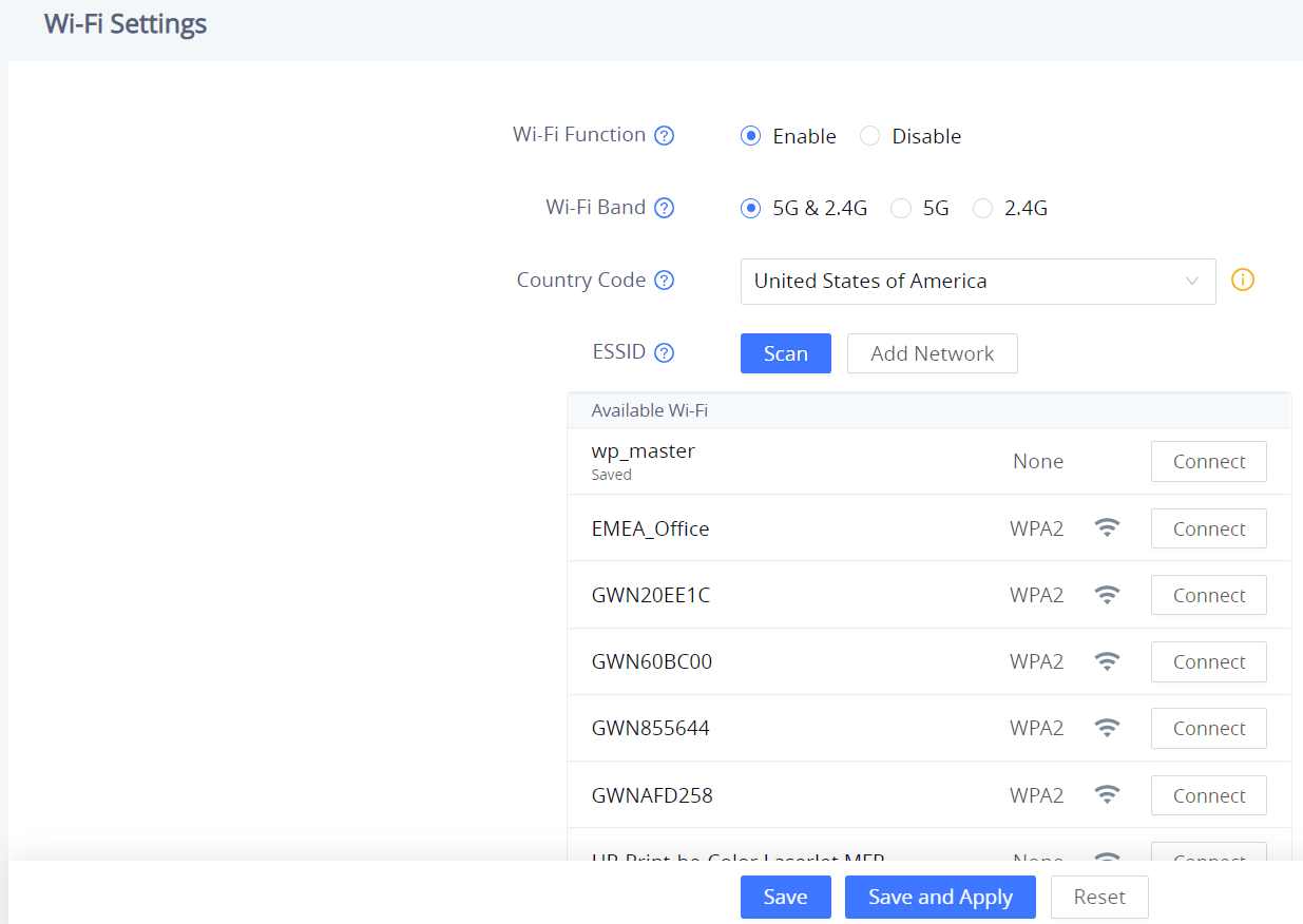 Tela de configuração de Wi-Fi