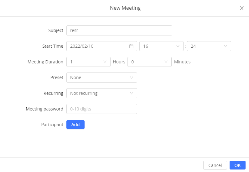 Interface de agendamento de reuniões no GVC3200
