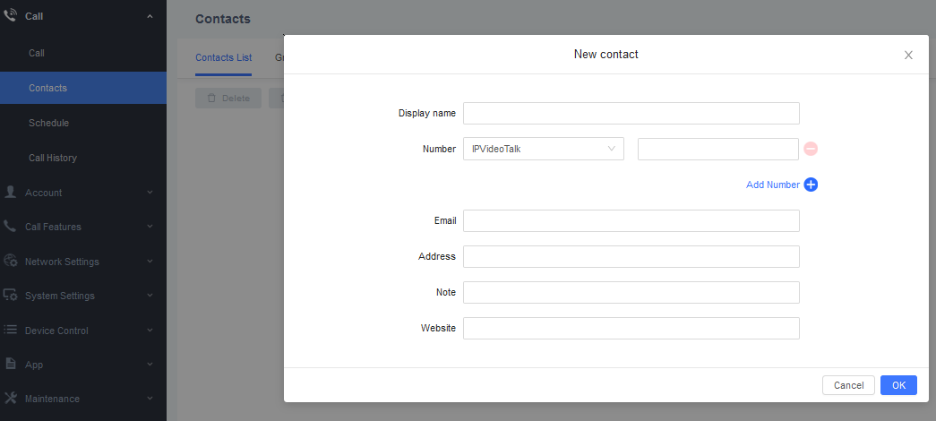 Interface para adicionar um novo contato no GVC3200