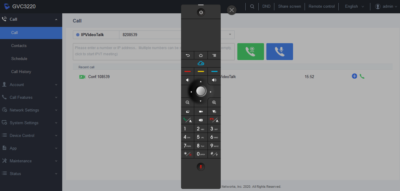 Painel de controle remoto virtual do GVC3200 na interface web