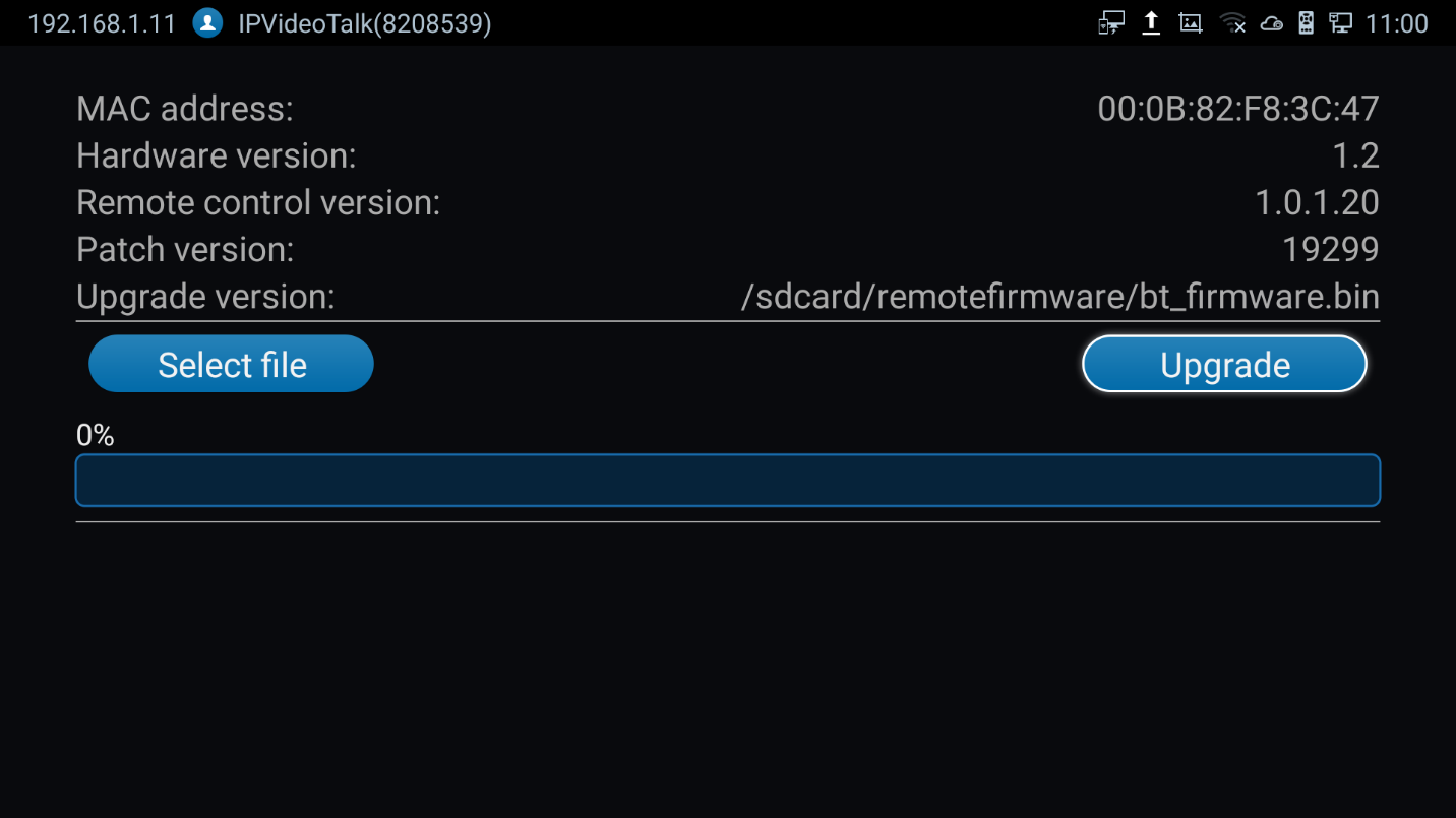 Tela de progresso de atualização de firmware do GVC3200