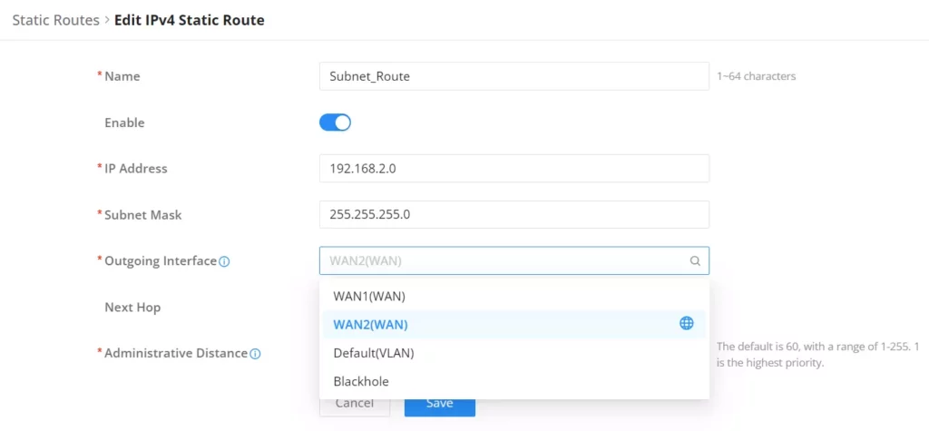 Adicionar Rota Estática IPv4