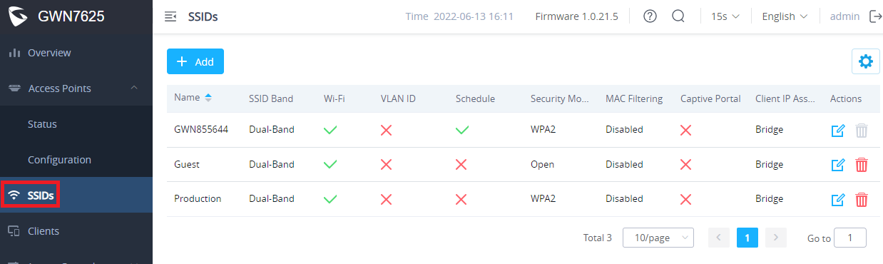 Página de configuração de SSIDs