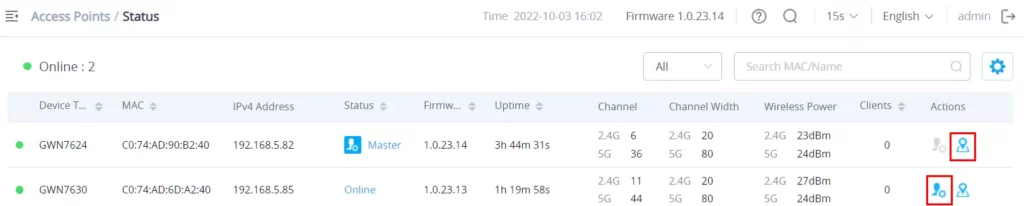 Página de Status dos Pontos de Acesso GWN7625