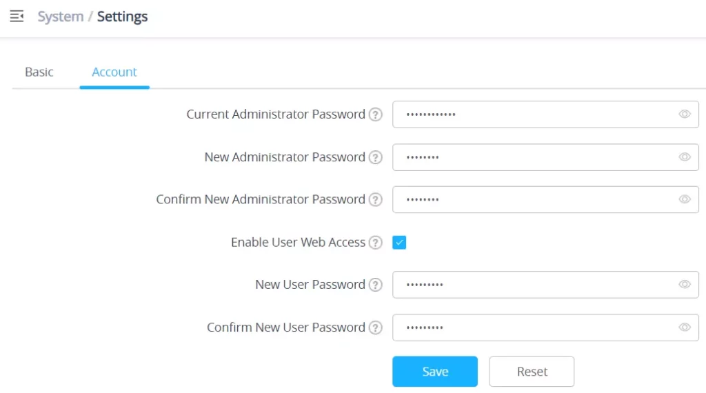 Configurações de conta e senha