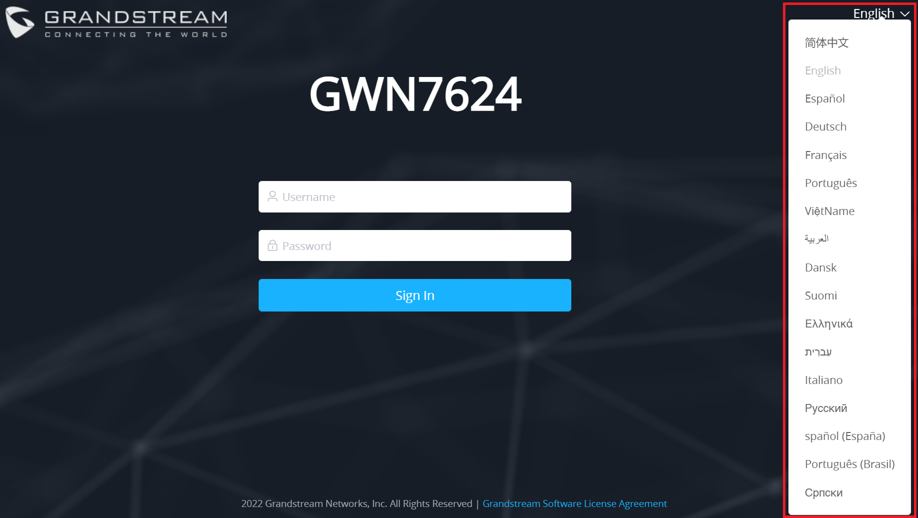 Seleção de idioma na Interface Web do GWN76XX