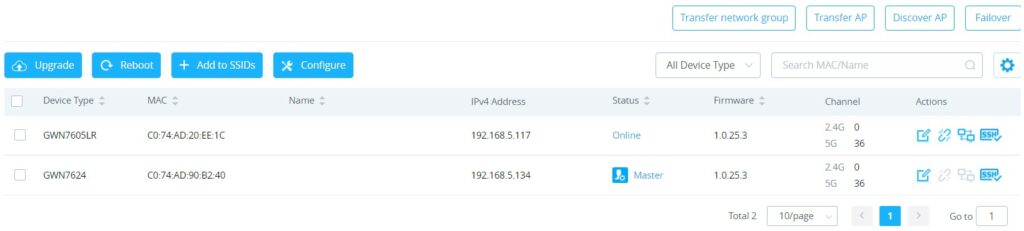 Página de Access Points para atualização de escravos