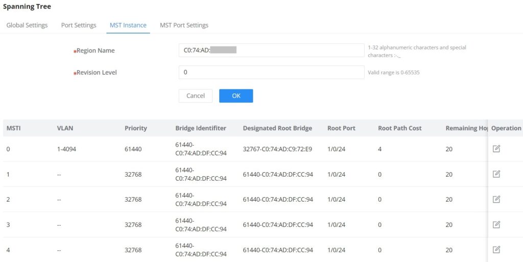 Configurações de instância MSTP