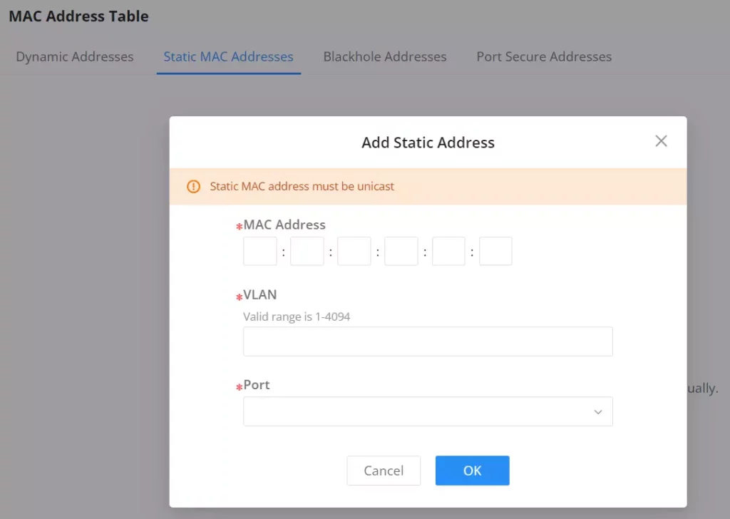 Configuração de endereço MAC estático