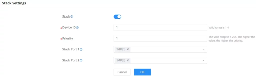 Configurações de empilhamento (Stack Settings)
