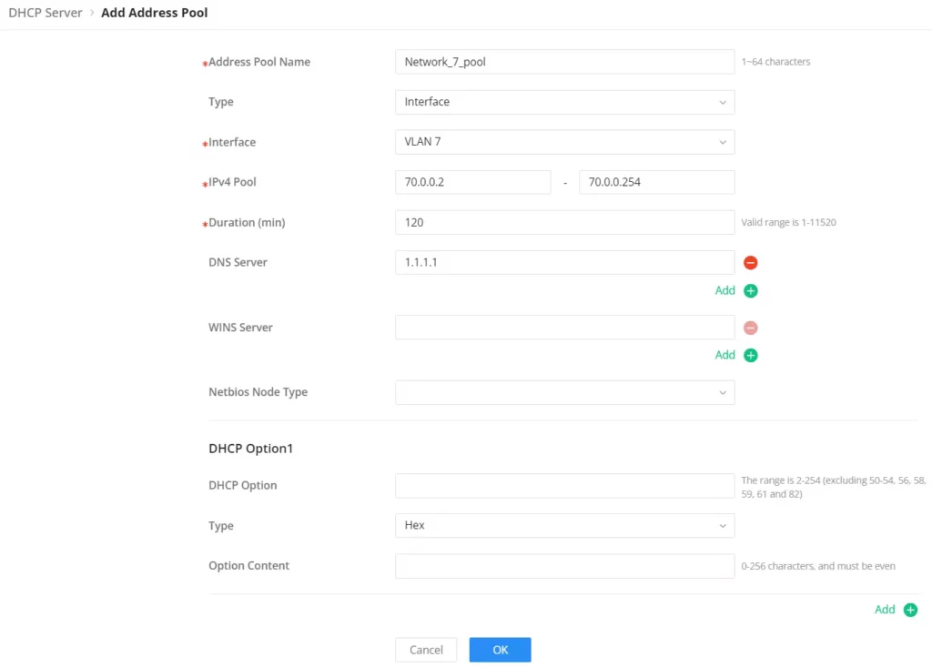 Configuração de pool de endereços DHCP