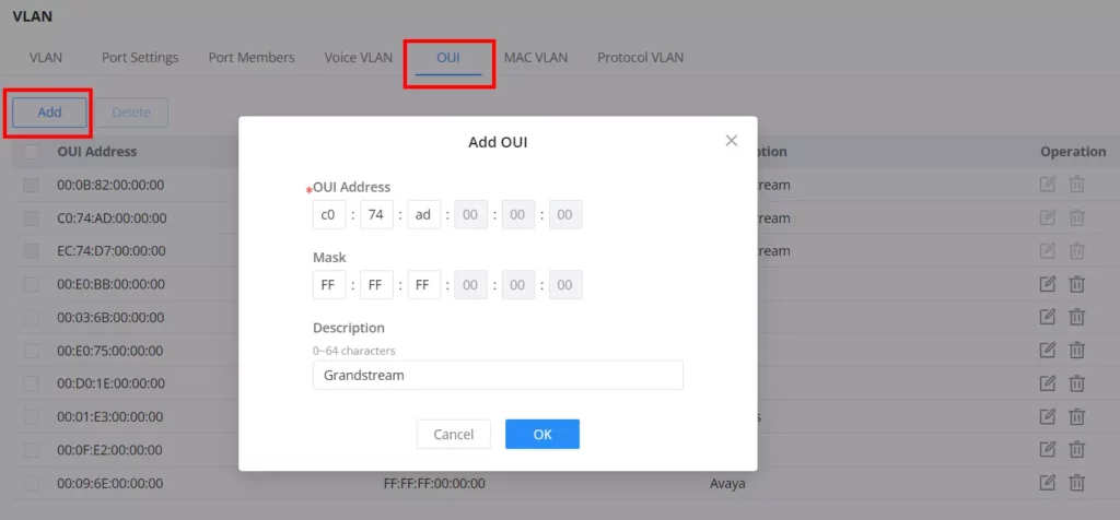 Configuração de OUI