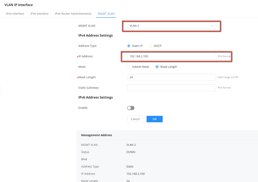 Configuração de VLAN de Gerenciamento