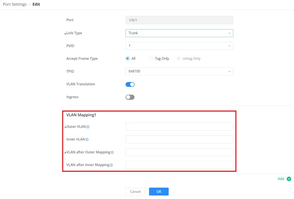 Configurações de porta VLAN com tradução de VLAN