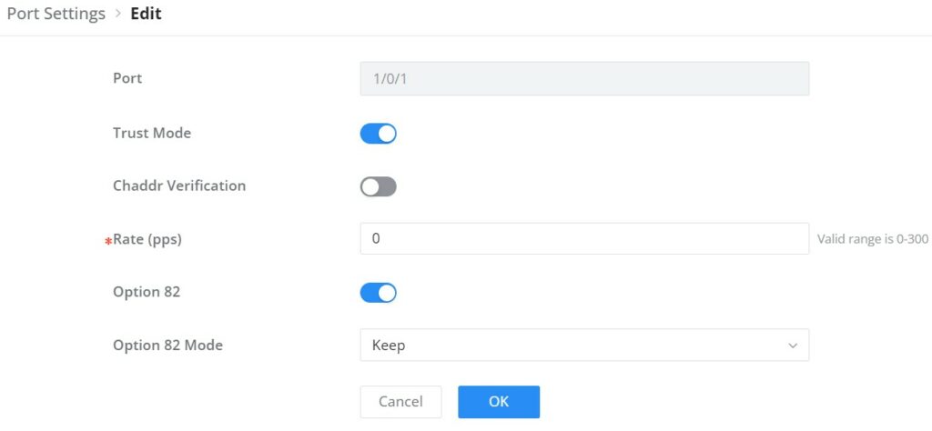 Edição de Configurações de Porta DHCP Snooping