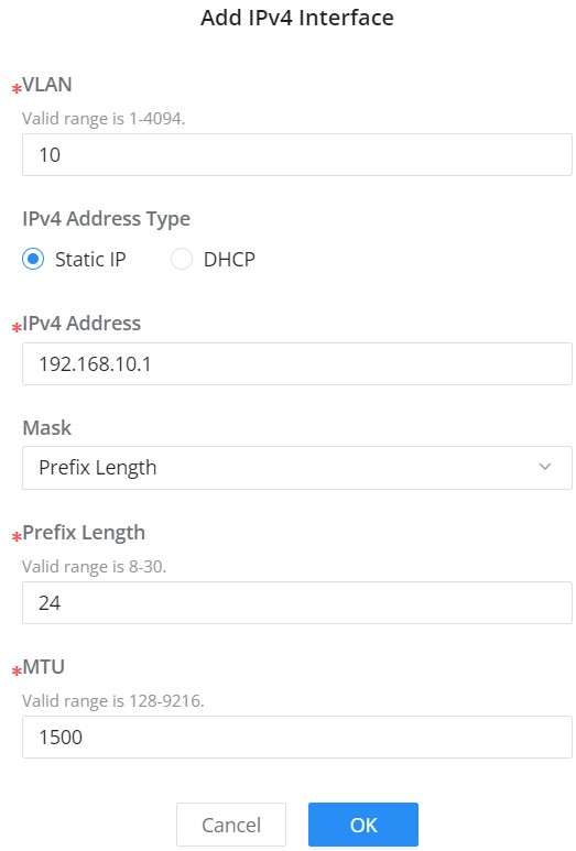 Adicionar Interface IP VLAN (Estático)