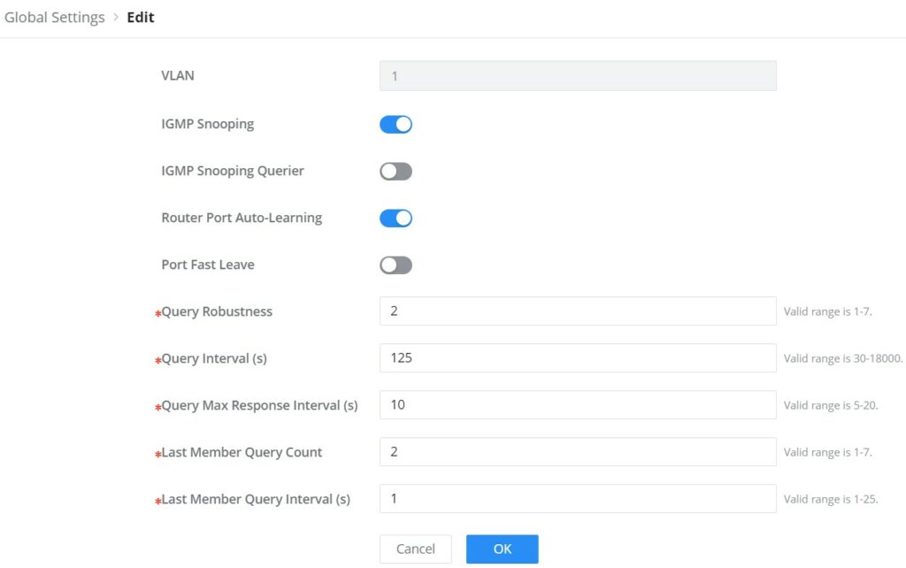 Edição de VLAN IGMP Snooping