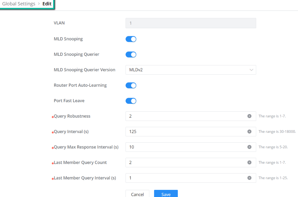 Edição de VLAN MLD Snooping