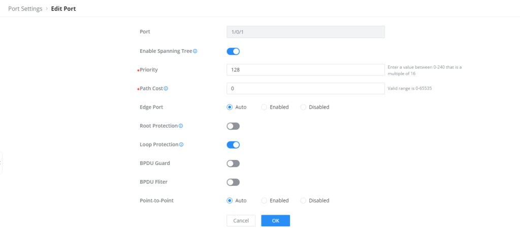 Edição das Configurações de Porta STP