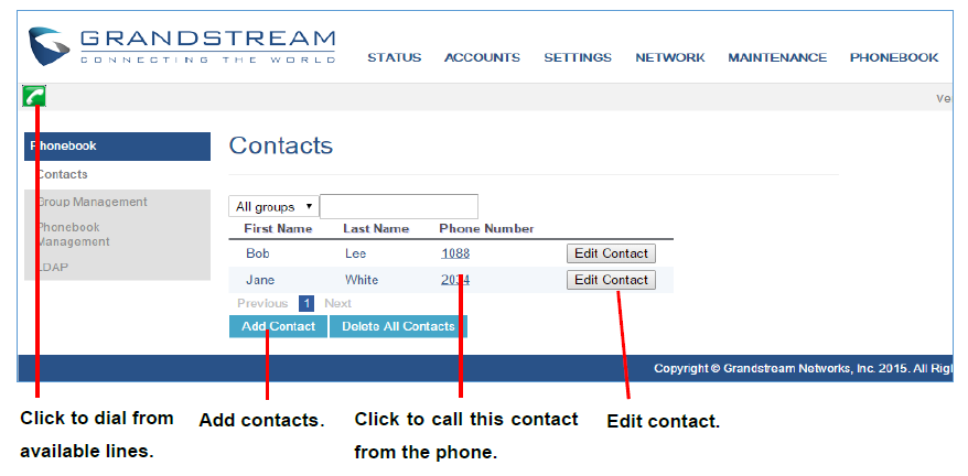 Página da agenda de contatos na interface web com a função Click-to-Dial