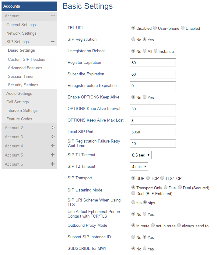 Página de configurações gerais de uma conta SIP na interface web