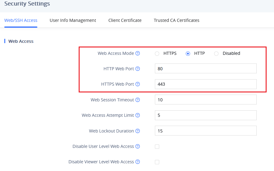 Tela de configuração de acesso web e porta de rede