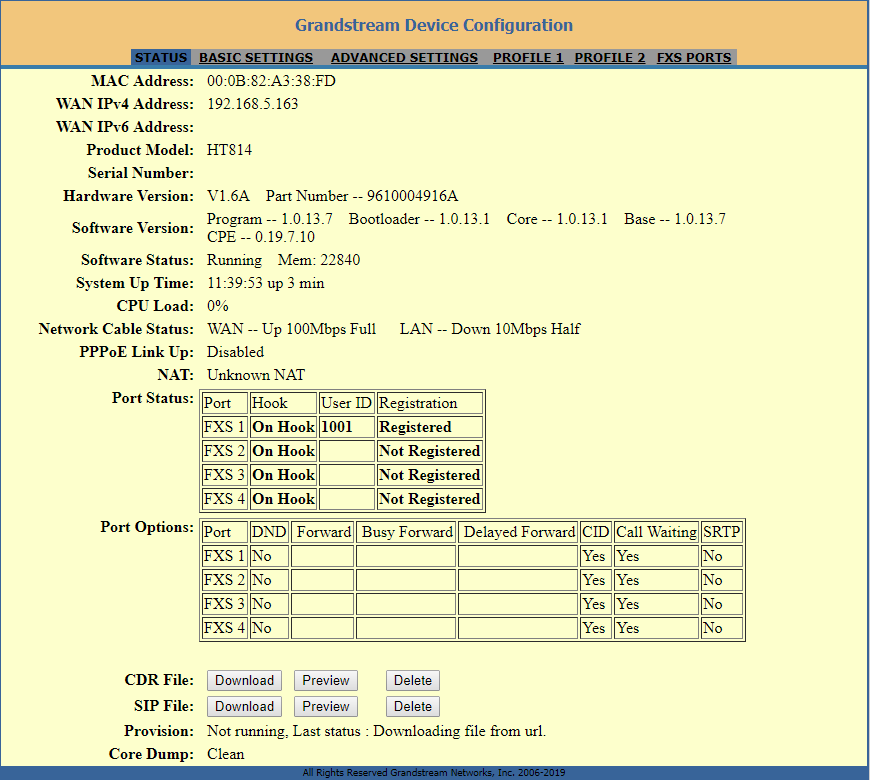Tabela de status de contas SIP no HT812