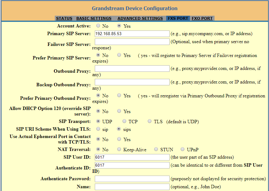 Página de configuração da Porta FXS para registro de conta SIP