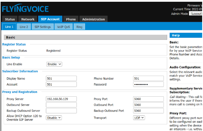 Configurações de registro SIP na interface web