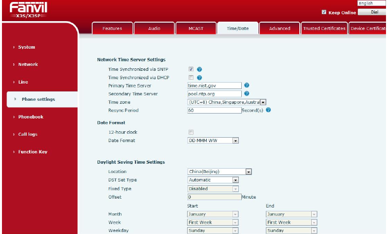 Configurações de Hora e Data na Web