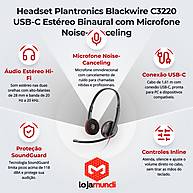 Foto 2 do produto Headset Plantronics Blackwire C3220 USB-C Estéreo Binaural Preto com Microfone Noise-Canceling