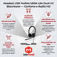 Foto 3 do produto Headset USB Yealink UH34 Lite Dual UC Biauricular Preto - Áudio HD com Cancelamento de Ruído