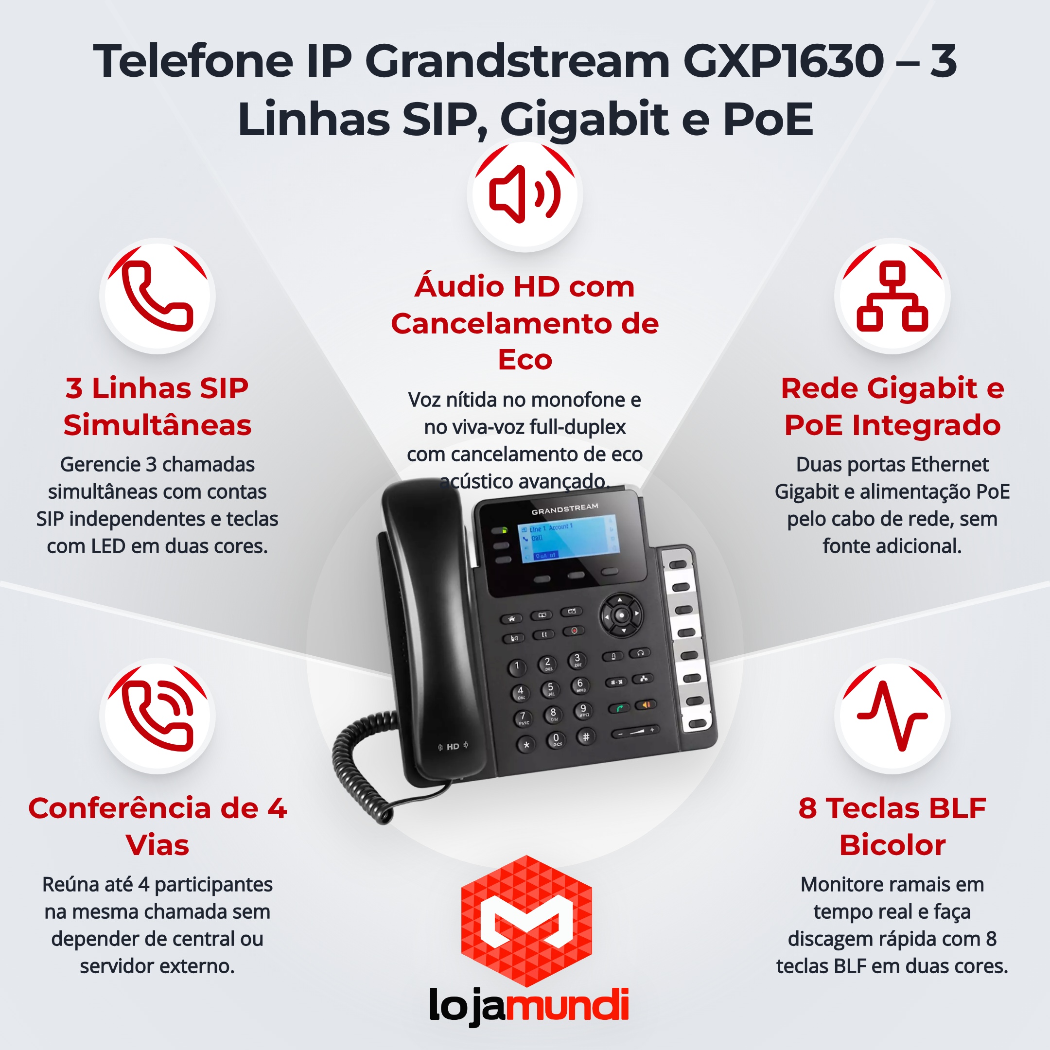 Foto 6 do produto Telefone IP Grandstream GXP1630 Gigabit 3 Linhas SIP PoE